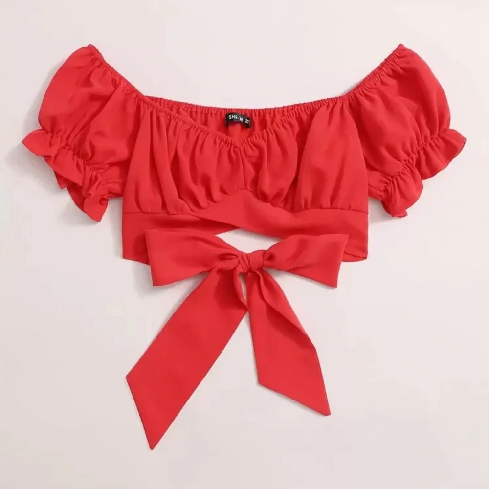 SHEIN Soleia Tied Hem Puff Sleeve Crop Top red size large - Picture 1 of 2